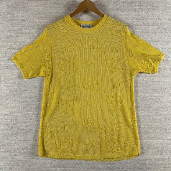Vintage Two Twenty Yellow Knit Short-Sleeve Sweater With Embossed Flower Design - Picture 1 of 7